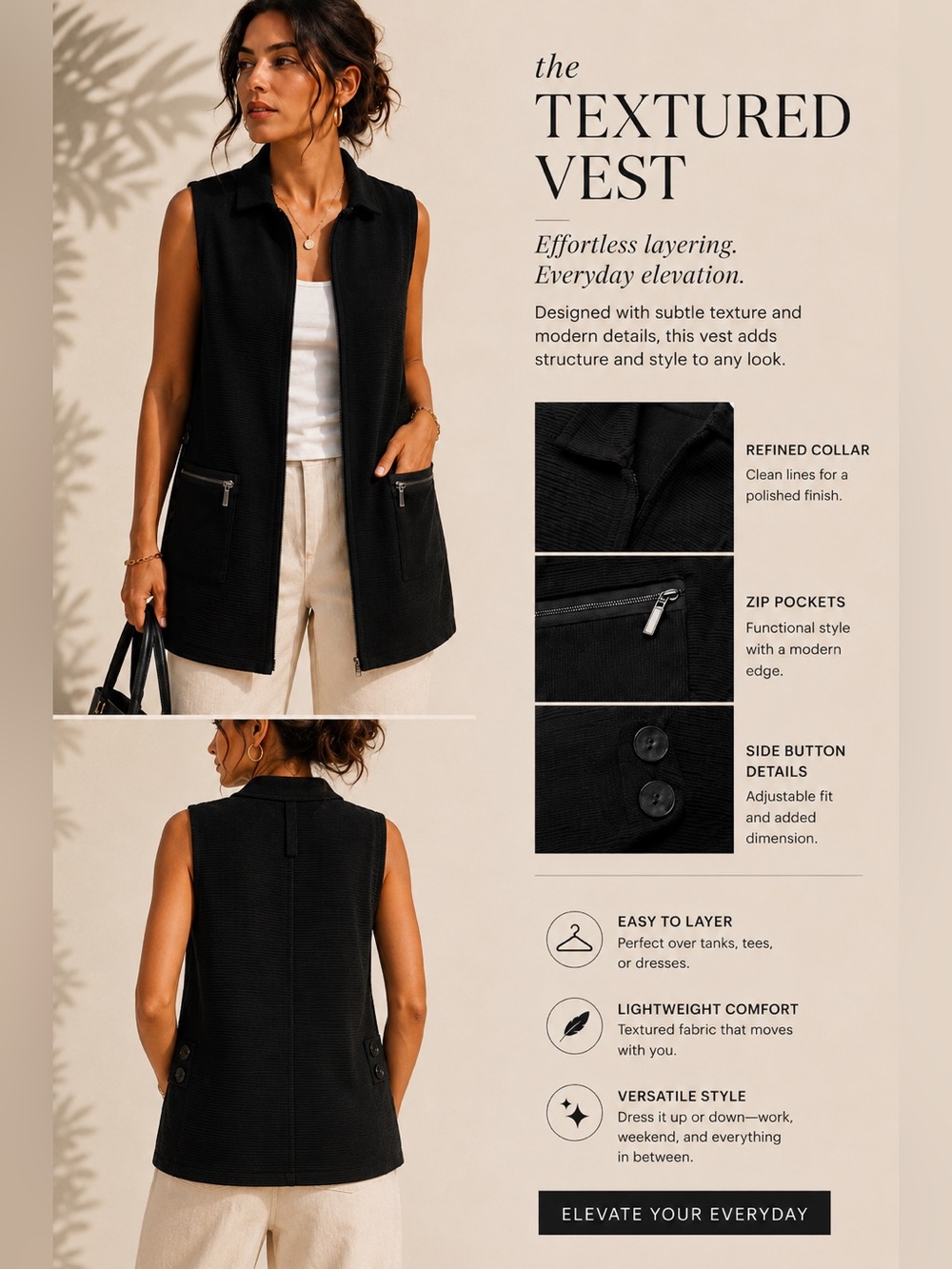 Connie Black Textured Open-Front Vest